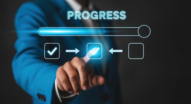 Business Progress Concept with Hand Touching Virtual Checkbox, Completion Indicator, Growth and Development photo