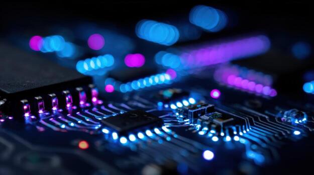 Electronic Circuit Board with Glowing Components Representing High Technology and Future Innovation photo