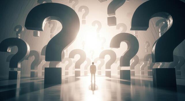 Abstract Question Marks Surrounding a Person Concept for Uncertainty, Decisions, and Problem-Solving in Business photo