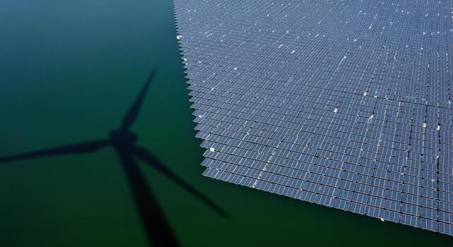 aéreo ver de un solar panel formación en agua con un reflexión de un viento turbina foto