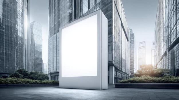 Blank Advertisement Billboard Mockup in Urban Cityscape with Modern Architecture and Public Space photo