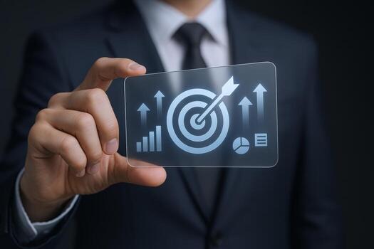 Executive Displaying Target Achievement on Transparent Screen Interface with Charts and Arrows for Business Growth photo