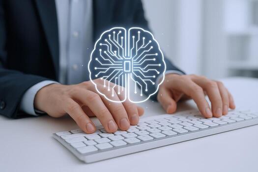 Artificial Intelligence Concept Businessman Typing on Keyboard with Digital Brain Overlay Representing AI photo