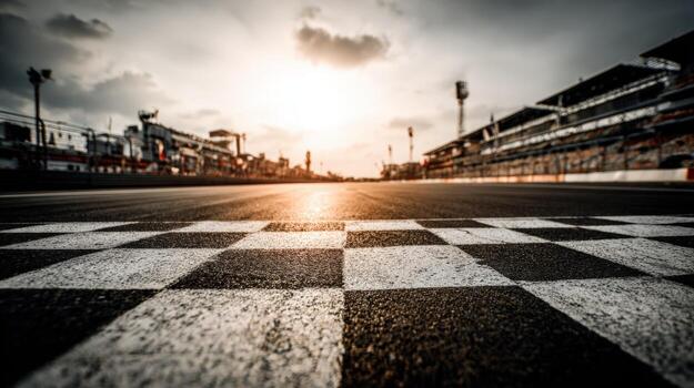 Racing Track Checkered Finish Line at Sunset with Grandstands in Background, Representing Competition and Achievement photo