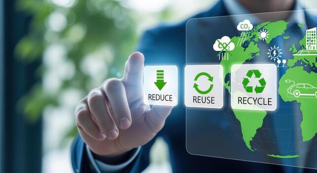 Sustainability Concept Businessman Activating Reduce, Reuse, and Recycle Buttons on a Virtual Interface Displaying a World Map photo