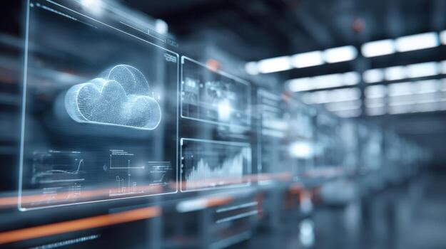 Futuristic Factory Displaying Cloud Computing Interface, Automation, and Data Visualization for Industrial Production and Manufacturing photo