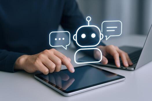 Man Uses Tablet with Chatbot Illustration for Business Technology, AI Integration, and Digital Transformation photo