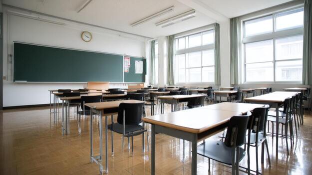 Empty Classroom with Desks and Chalkboard in an Educational Setting, Representing Learning and Teaching photo