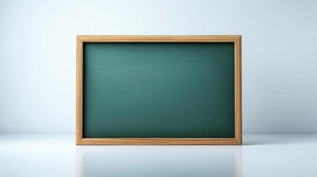 Blank green chalkboard with wooden frame on a white surface, ready for text and graphics photo