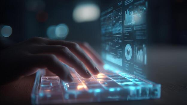 Futuristic Transparent Keyboard Interface with Data Visualization Overlay, Representing Advanced Technology and Business Analytics photo