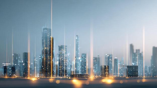 Futuristic Cityscape with Golden Light Beams High-Tech Urban Development and Modern Architecture Concept photo