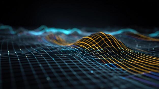 Abstract Grid Landscape with Glowing Lines, Data Visualization, and Modern Technology Background photo