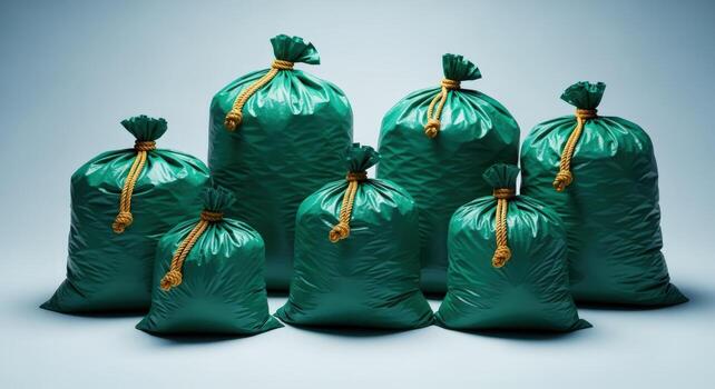 Group of Green Garbage Bags Tied with Twine, Ready for Disposal and Waste Management photo