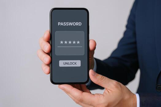 Smartphone Security Hand Holding Phone with Password Entry Screen, Accessing Secure Mobile Device photo