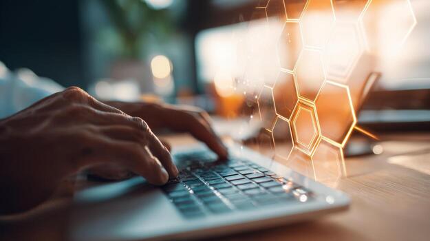 Close-Up of Hands Typing on Laptop with Digital Hexagon Overlay, Representing Technology and Connectivity photo