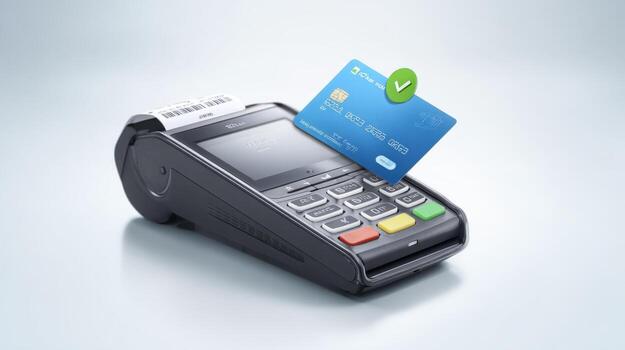 Secure Payment Transaction Credit Card on POS Terminal with Green Check, Contactless Payment Approved photo