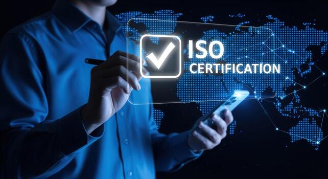 Man Interacting with ISO Certification Hologram Interface, Showing Quality Assurance and Global Standards Compliance photo