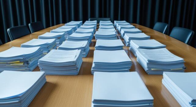 Overwhelmed by Paperwork Documents Stacked High on Conference Table, Representing Deadline Pressure and Workload photo