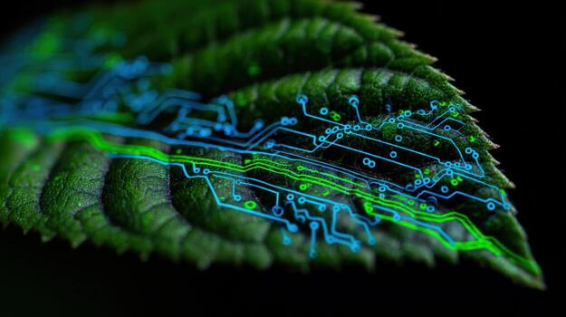 Green Technology Leaf with Integrated Circuitry Illustrating Sustainable Innovation and Environmental Technology Solutions photo