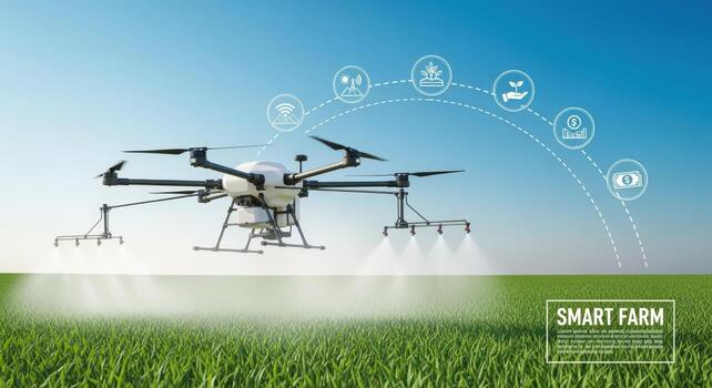 Agricultural Drone Spraying Fertilizers Over a Green Field with Future Technology Digital Interface Concept photo
