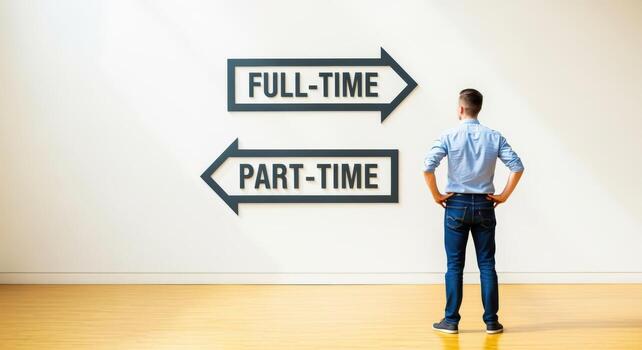 Full-Time or Part-Time Employment Decision Man Contemplating Career Path with Directional Sign Arrows photo