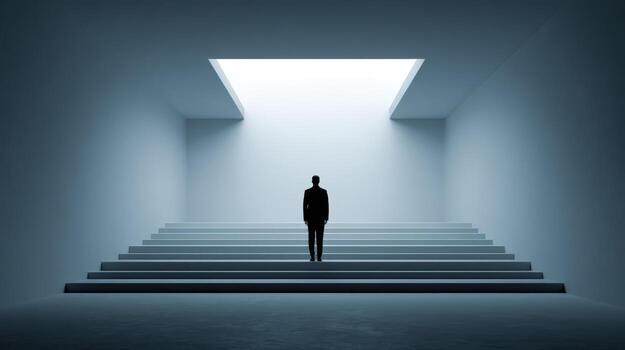 Silhouette of a Man at the Top of Stairway, Facing a Bright Future, Ambition, Vision photo