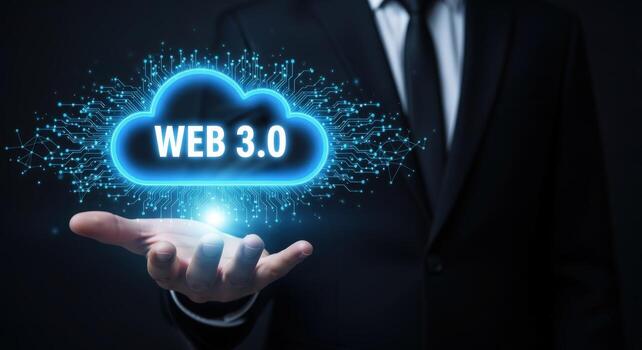 Web 30 Concept Man Holds Digital Cloud with Futuristic Technology, Representing Decentralized Internet and Semantic Web photo