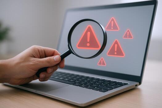 Laptop screen showing multiple warning signs, magnified by a hand holding a magnifying glass, indicating a computer virus photo