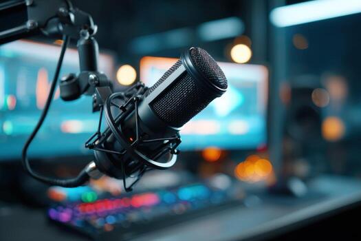 Professional Microphone Setup for Broadcast, Podcasting, or Gaming with Modern Computer Equipment in a Studio photo