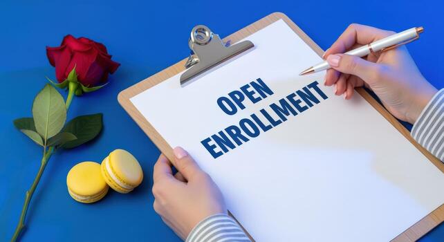 Open Enrollment Concept Womans Hands Holding Clipboard with Text on Blue Background, Featuring Rose and Macarons photo