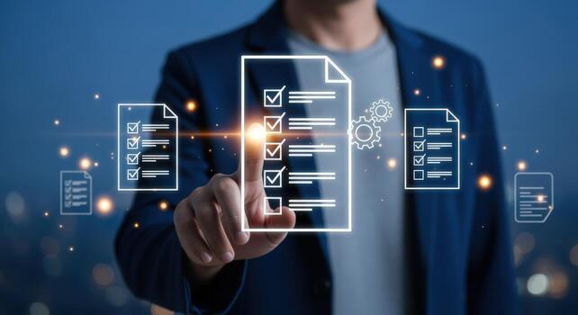 Digital Checklist Verification Concept Man Interacting with Virtual To-Do List on Glowing Background photo