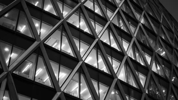 Modern Black and White Architecture Featuring Geometric Facade and Illuminated Windows during Nighttime photo