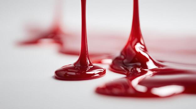 Red Liquid Pouring and Splattering on White Surface, Showing Viscosity and Fluid Dynamics in Detail photo