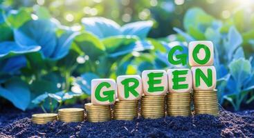 sostenible crecimiento concepto apilado monedas con Vamos verde bloques en un lozano jardín ajuste foto