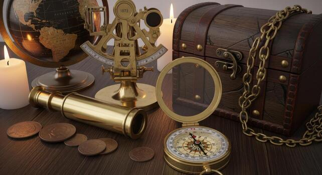 Antique Navigation Tools with Treasure Chest, Globe and Compass, Representing Exploration and Historical Adventure photo