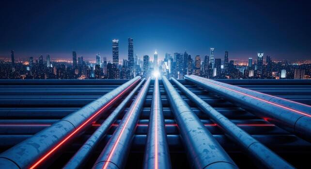 Cityscape at Night with Futuristic Pipeline Conveying Energy, Data, and Resources for Modern Urban Infrastructure photo