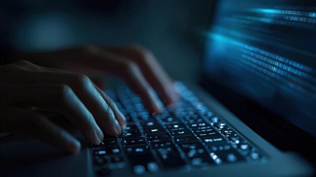 Coding on Laptop Hands Typing Binary Code on Keyboard in Dark Blue Environment photo