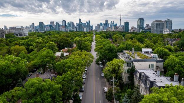 Toronto Cityscape Aerial View Modern Architecture and Lush Greenery Blending in an Urban Environment on Cloudy Day photo