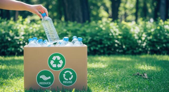 Recycling Concept Hand Placing Plastic Bottle into Cardboard Box with Reduce, Reuse, Recycle Symbols photo