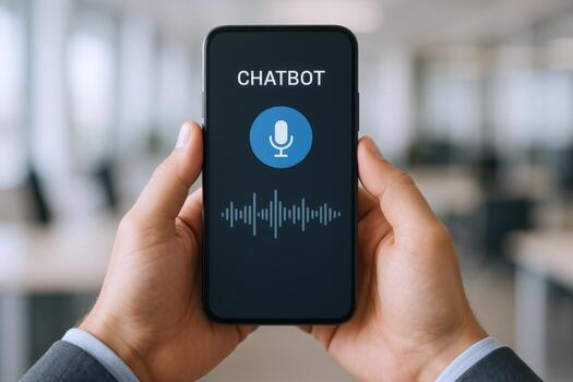 Hands Holding Smartphone Displaying Chatbot Application, Voice Recognition and Communication Technology in Modern Office photo