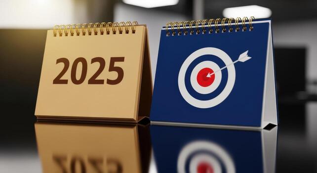 Setting Goals for 2025 Calendar with Target Icon on Reflective Surface, Business Planning and Success photo