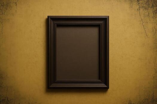 Empty Dark Wood Picture Frame Hanging on Textured Yellow Wall, Ideal for Mockups and Display photo