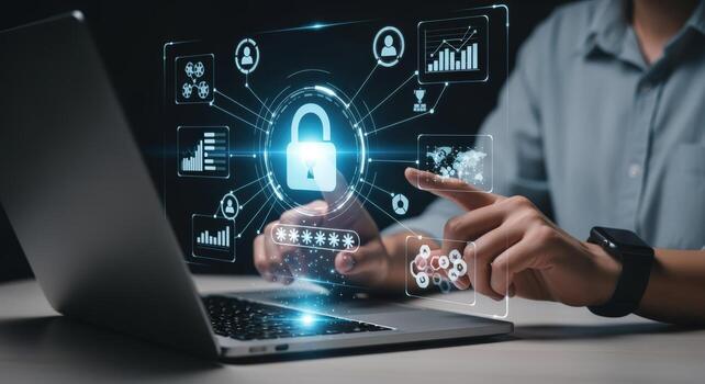 Digital Security Concept Person Accessing Secure Data via Laptop, Representing Cybersecurity and Data Protection photo