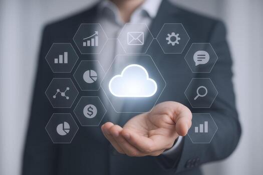 Cloud Computing Concept Businessman Holding Virtual Cloud with Data Icons, Business Technology and Digital Transformation photo