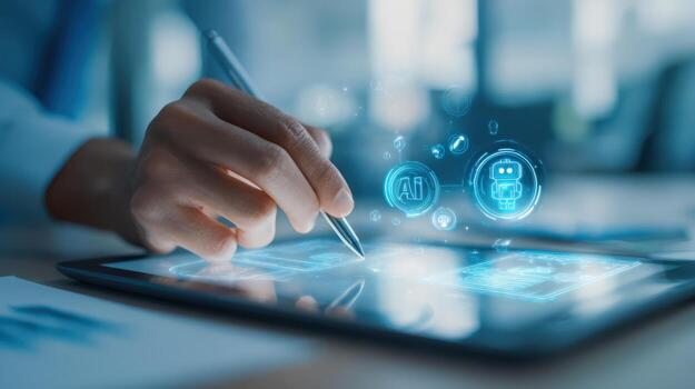 Digital Transformation Concept Person Using Tablet with AI Assistant and Automation Interface for Modern Business photo