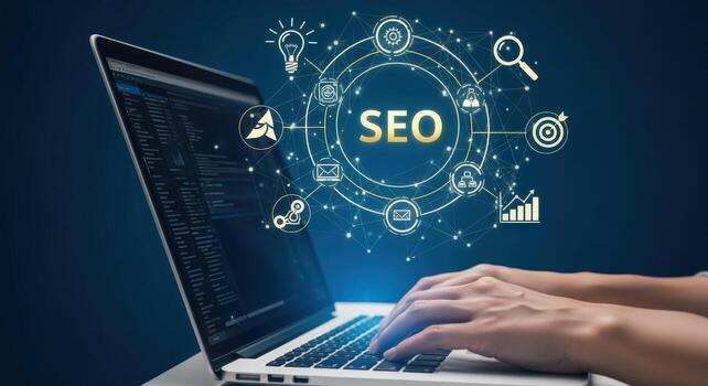 seo estrategia ilustración con manos mecanografía en ordenador portátil para digital márketing mejoramiento conceptos foto