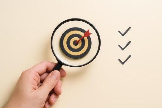 Achieving Goals Hand Holding Magnifying Glass Over Target with Checkmarks, Demonstrating Success and Accomplishment photo