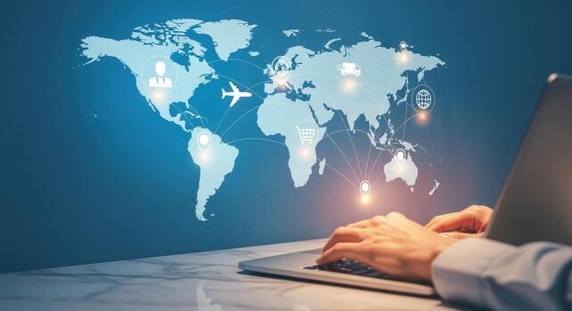 Global Business Network on a Laptop Worldwide Connection, Technology, and Logistics Representation with Human Interaction photo