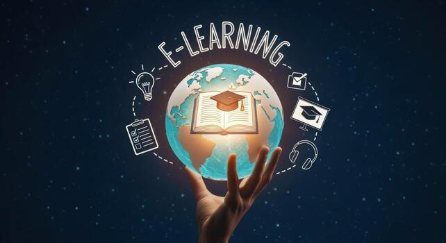 Digital Education Concept Hand Holding Globe with Learning Icons for Online Courses and E-Learning photo