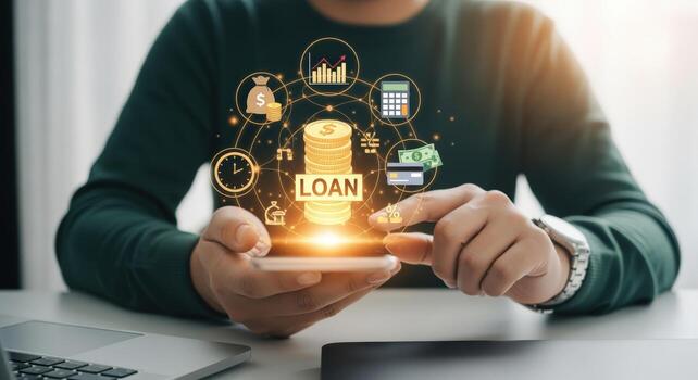 Man Holds Phone Displaying Loan Application, Financial Icons, and Investment Opportunities for Business Success photo